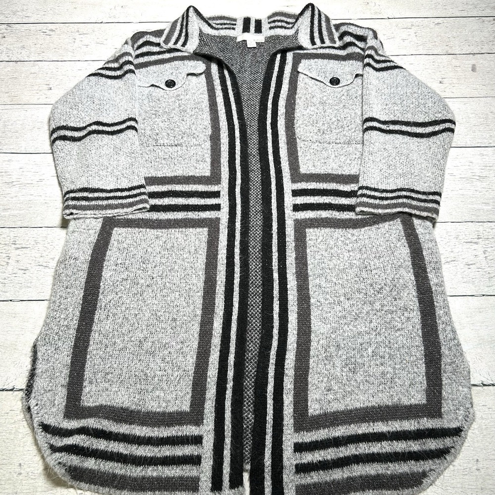 By Design Womens 1X Cardigan Open Front Gray Black Geometric Stripe Pockets